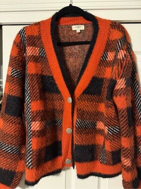 Umgee Orange and Black Plaid V-Neck Button Front Cardigan